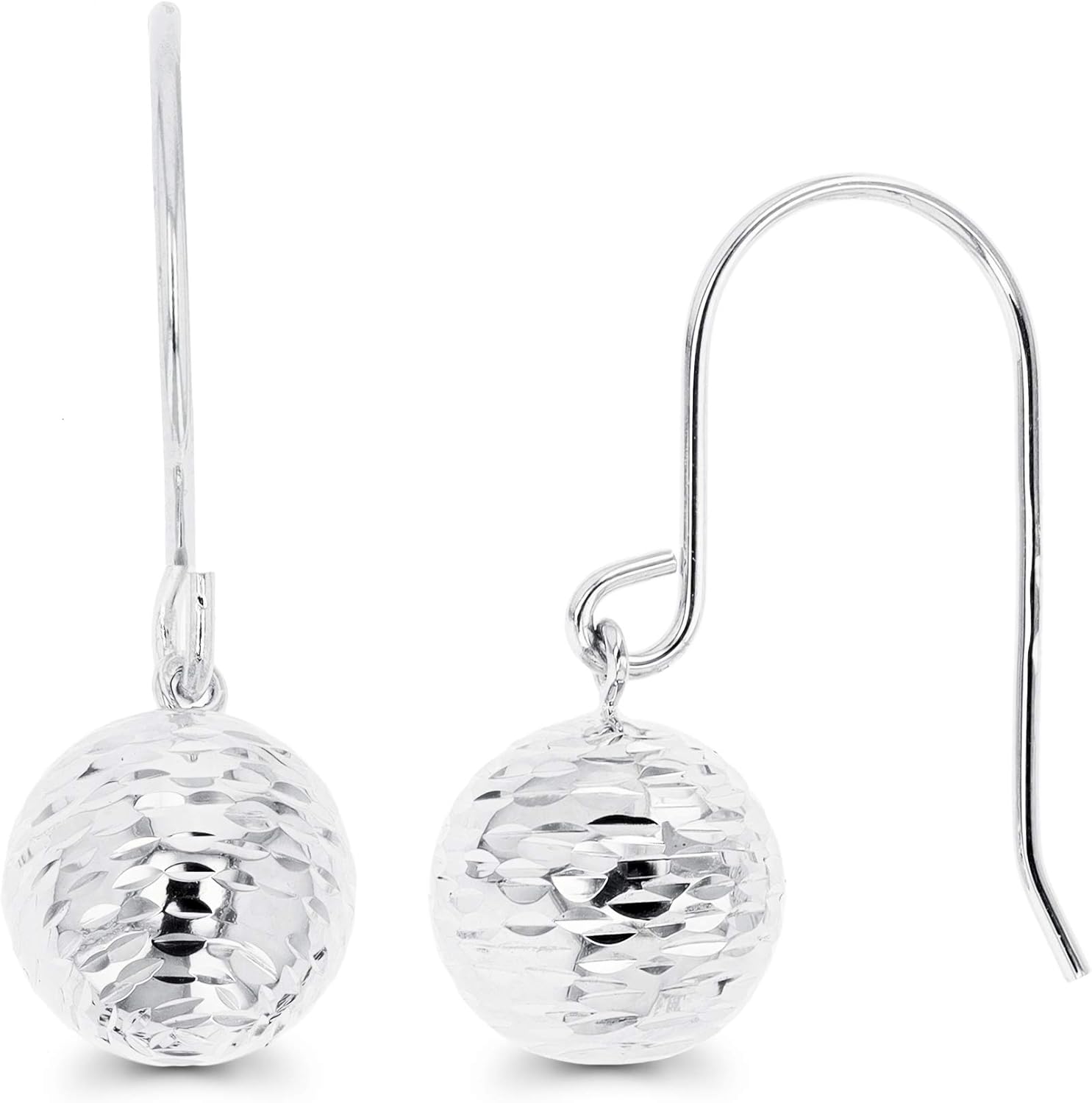 14K Gold Diamond Cut 8mm Ball Fish Hook Dangling Earrings For Women