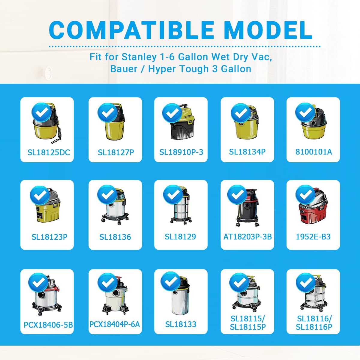 8 Pack 25-1217 Reusable Dry Filter Replacement for Stanley 1-6 Gallon Wet Dry Vacuum with 3 Retaining Bands — view 2