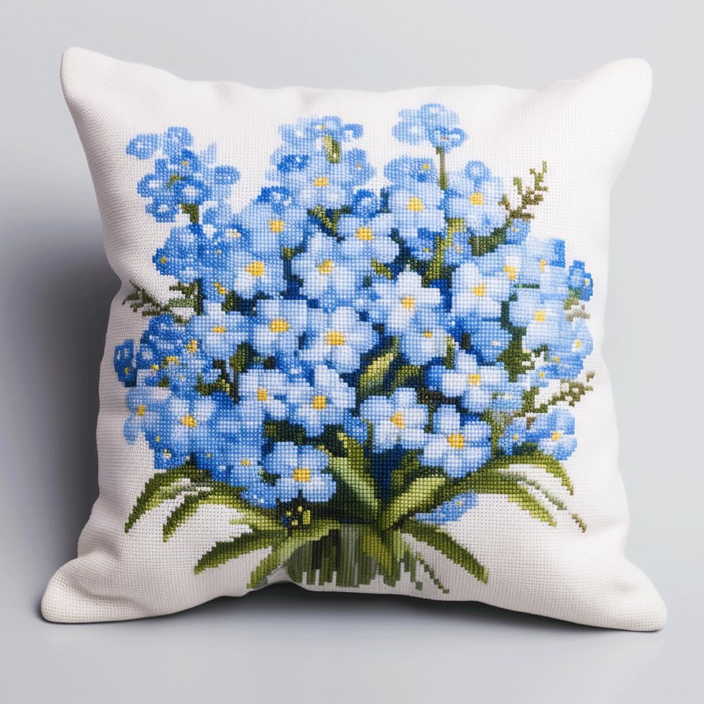 AMBATTERY Kit Cuscini Punto Croce, Fiori blu Kit Da Ricamo 45x45cm Prestampato Set per Punto Croce Cuscino Decorativo Cuscino Ricamato