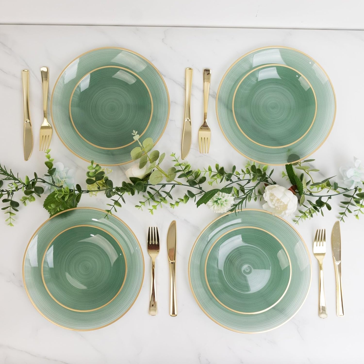 Efavormart 20-Pack 7" Translucent Dusty Sage Green Pearl Swirl Plastic Plates, Heavy Duty Round Dessert Plates with Gold Rim for Receptions