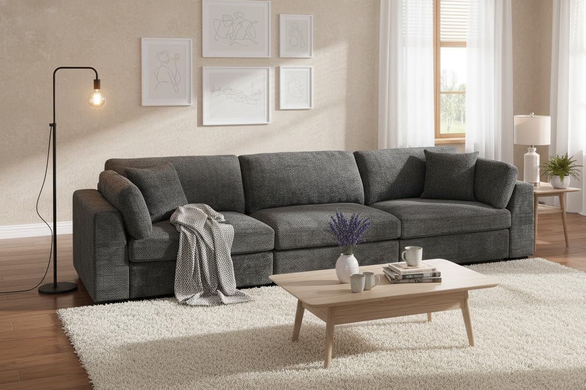 Flesser Deep Seat Sofa Modular Sectional Couch Wide Seat Lovesat Sectional Couch Sleeper 2 Seater Corduroy Couch for Living Room, Apartment, Home Office, Light Gray