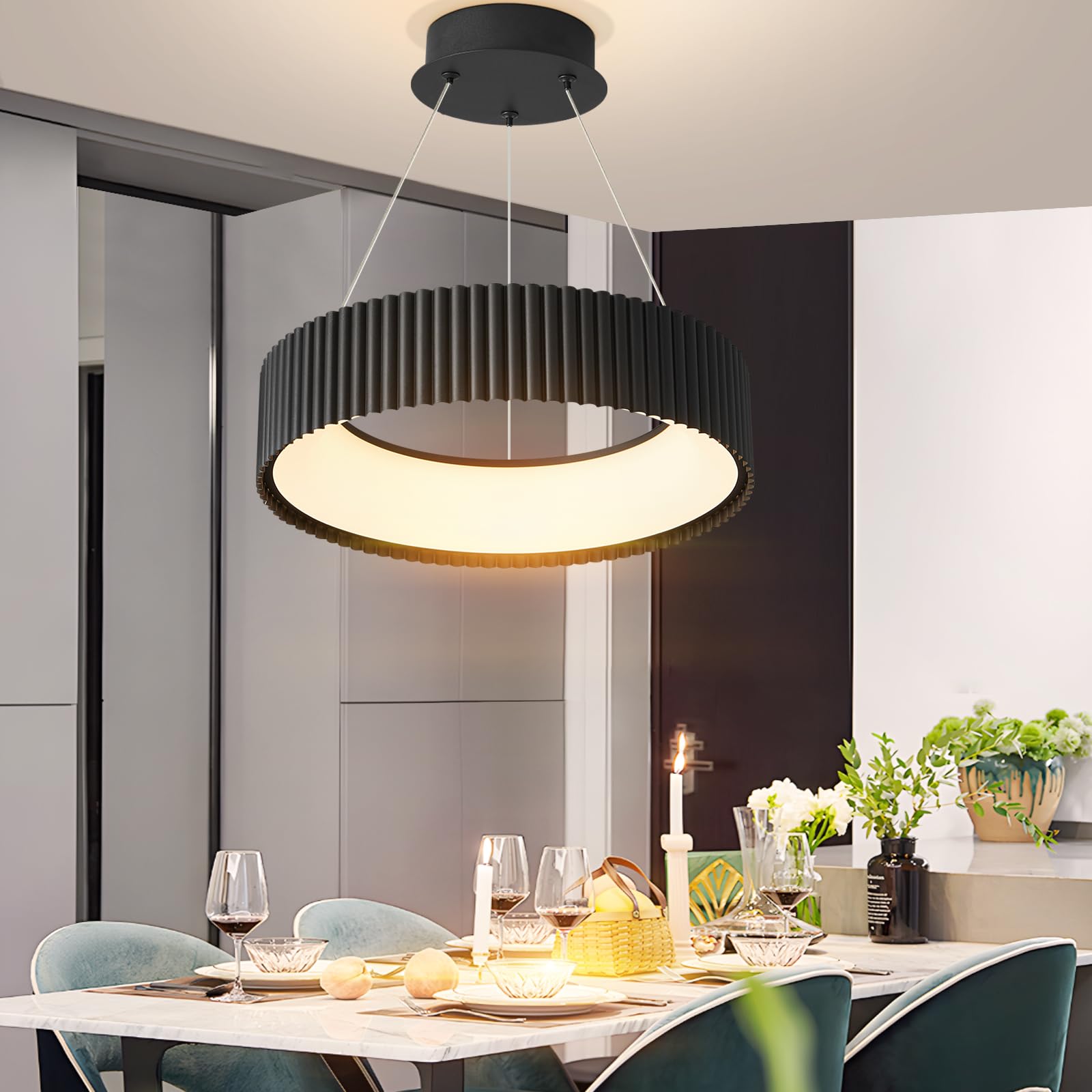 Modern LED Chandelier-18.5" Black Dimmable Circular LED Pendant Light 1 Ring with Remote, Round Hanging Light for Kitchen Island, Dining Room, Living Room, Foyer, Entryway