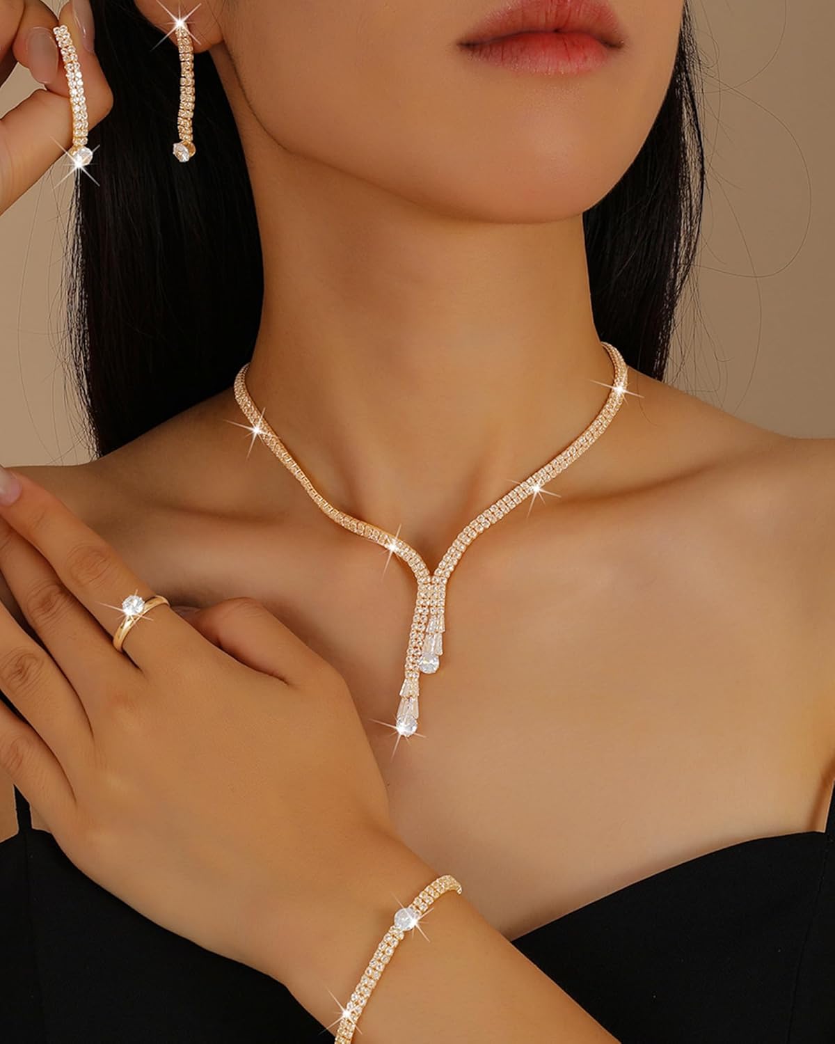 Gold Rhinestone Jewelry Set for Women Sparkling Rhinestone Y Shaped Necklace Adjustable Shining Crystal Bracelet Ring Glittering Rhine-stone Dangle Earrings Prom Wedding Bridal Jewelry Accessories - Image 4