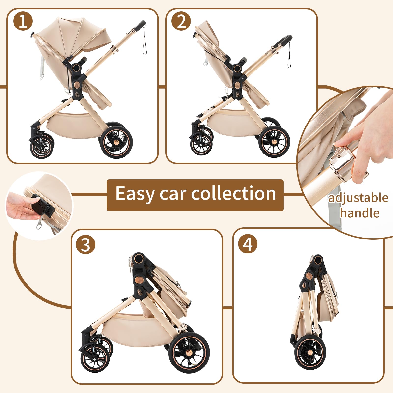 BEBBY Cochecito de bebé 3 en 1,Carrito Bebe 3 en 1 Con Asiento, Cochecitos Portátil Plegable Con, Carricoche Combinado Paisaje Alto Marco de Aluminio Para Recién Nacido (U9-X-BEIGE, U9-X)