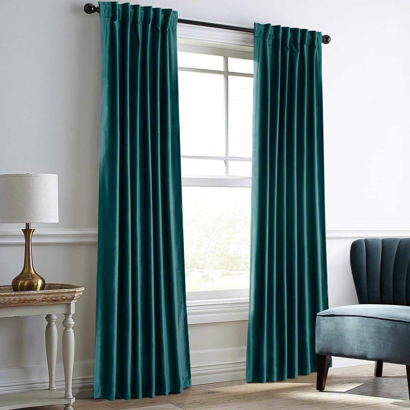 Dreaming Casa Teal Green Velvet Curtains for Living Room Thermal Insulated Rod Pocket Back Tab Window Curtain for Bedroom 2 Panels 52" W x 84" L