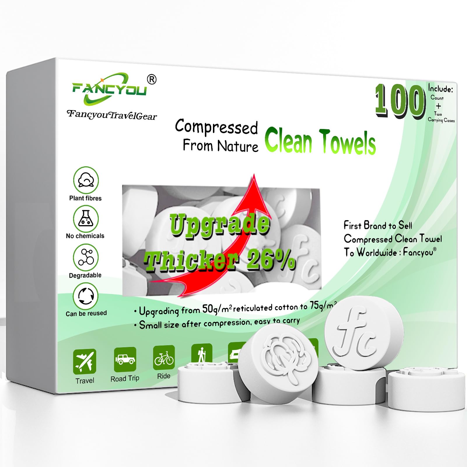 Fancyou Compressed Towels Tablets, Thick Disposable face towel Compact Portable Cotton Wipes Coin Tissues for Mini Travel Essentials, Travel Skin Care, Beauty Salon, Gym, Tattoo, Home(100 Count Clear)