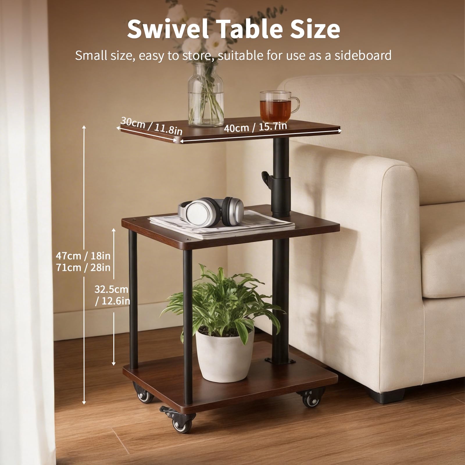 Mesa auxiliar con ruedas, mesa auxiliar sofá ajustable en altura 47-71 cm, mesa giratoria 360°, diseño moderno con 3 niveles de almacenamiento, textura de madera fácil de limpiar, color nogal
