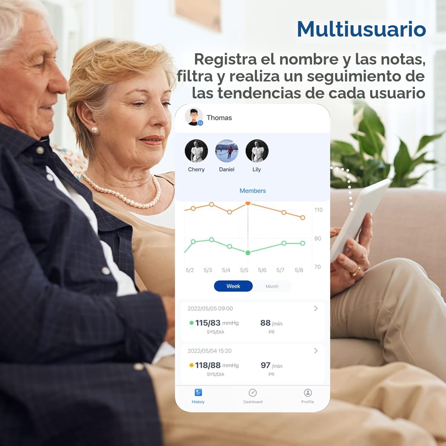 CheckMe Tensiometro de Brazo - Medidor Tension Arterial Digital Preciso con APP, Modo Multiusuario, Visualización de Tendencias & Uso Compartido de Informes, para iOS/Android,22-42 cm