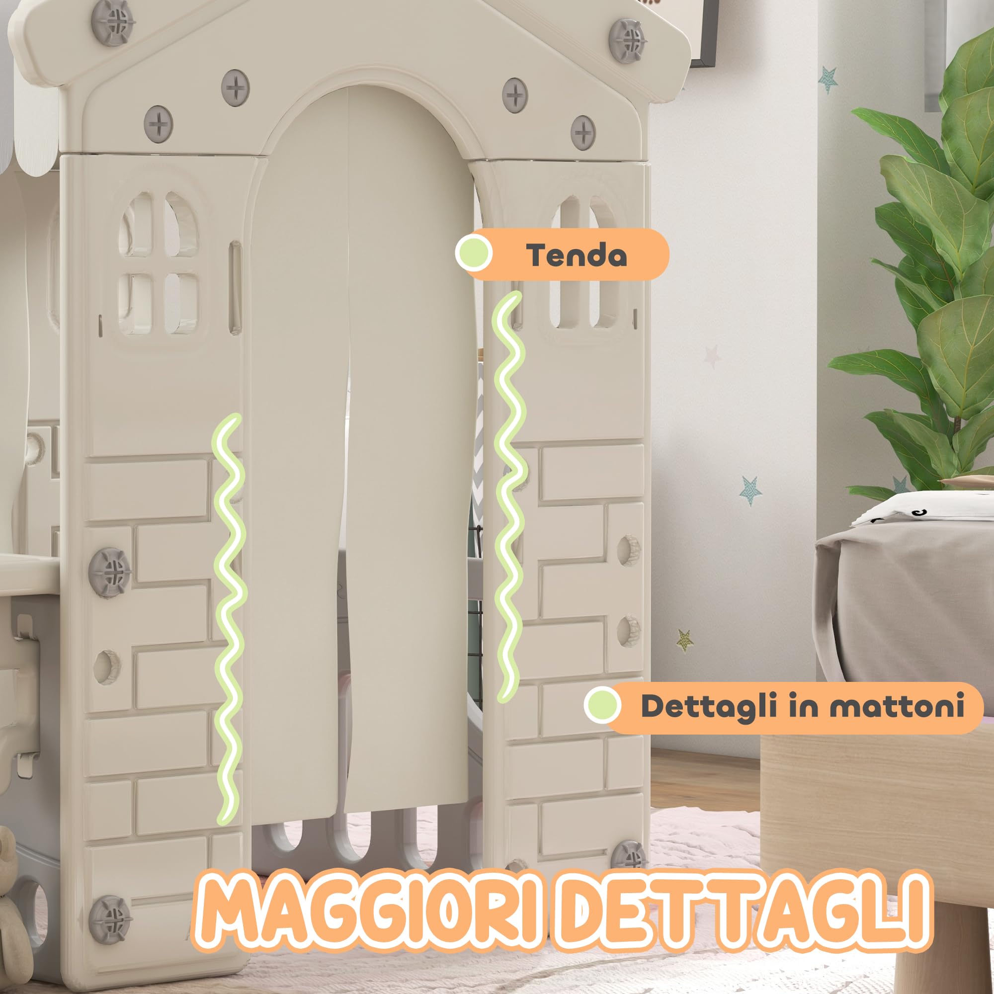 AIYAPLAY Casetta per Bambini con 4 Finestre, Porte ad Arco, Tetto e Bancone, Plastica, Crema
