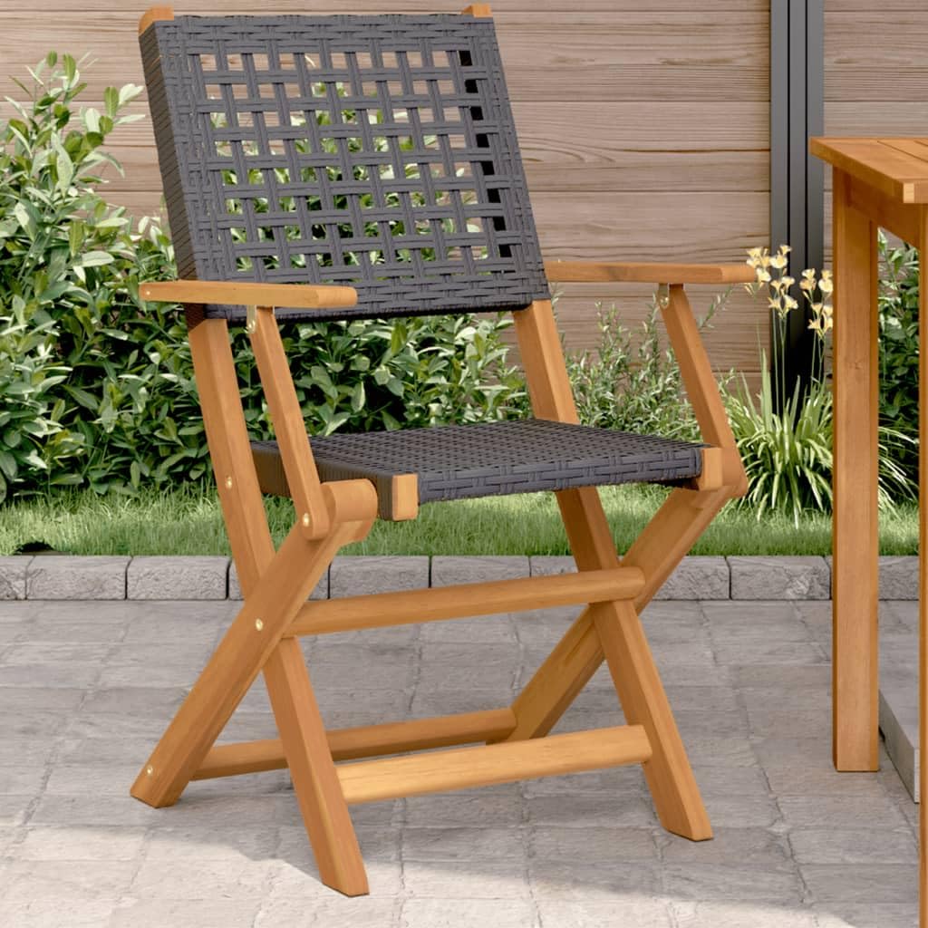 Gartenstühle 2er Set Schwarz, Massivholz Akazie & Poly Rattan, Klappbar, 54x57x91 cm, für Garten, Terrasse, Balkon, Hohe Tragfähigkeit