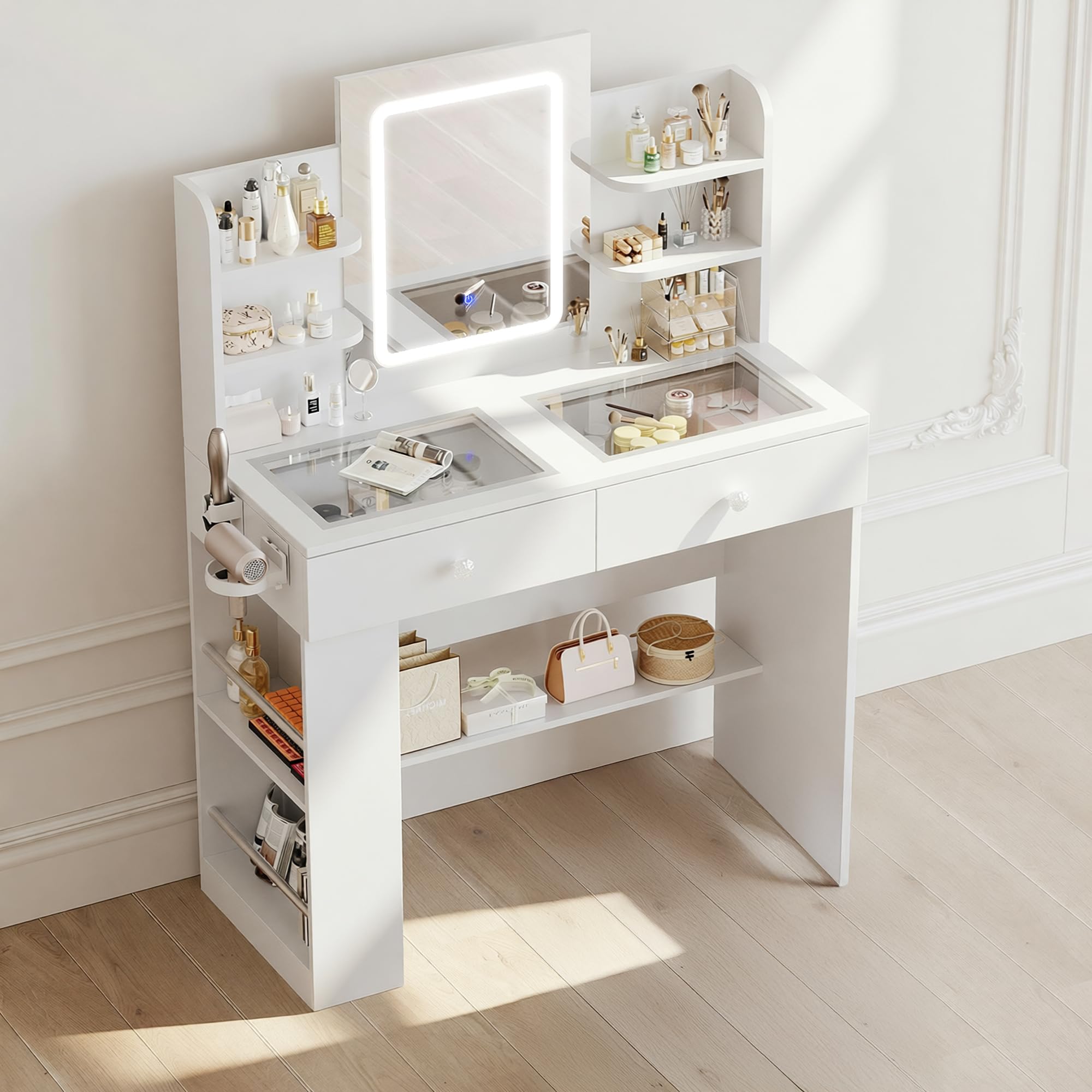 Claiks White Dressing Table with LED Mirror and Glass Top, Vanity Desk with 2 Drawers, Adjustable Shelves & Side Storage, Makeup Dressing Table with 3 Colour Lighting for Bedroom — image 1
