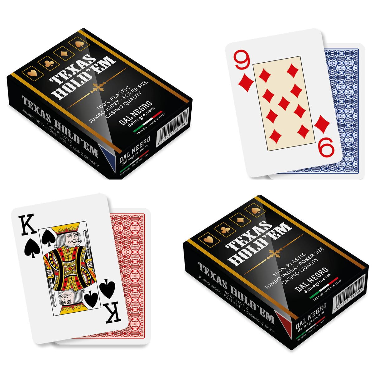 Dal Negro Texas Holdem Poker Cards by (100% Plastic, 2 Decks, Red/Blue)