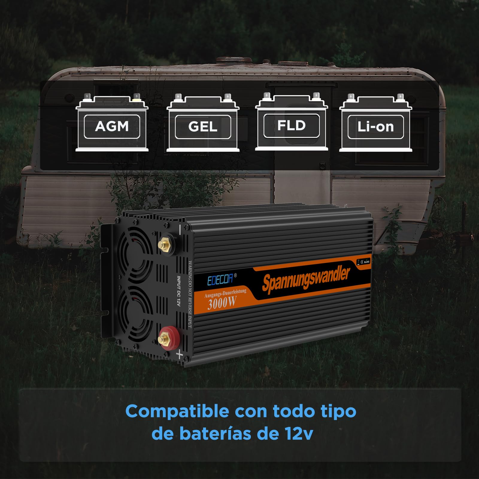 EDECOA Inversor 12v 220v 3000w conversor energia 12v 230v con Mando 2X USB Transformador Onda modificada con Sistema de Aislamiento galvanico (2a generacion)