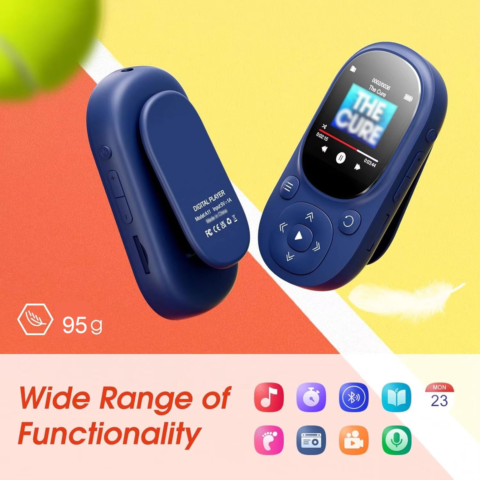 Reproductor MP3 Clip de 64 GB con Bluetooth, mini reproductor de música de alta fidelidad sin pérdidas | Pantalla de 1,5", ampliable a 128 GB, radio FM, eBook, podómetro | Ligero (96 g) | Running,64GB