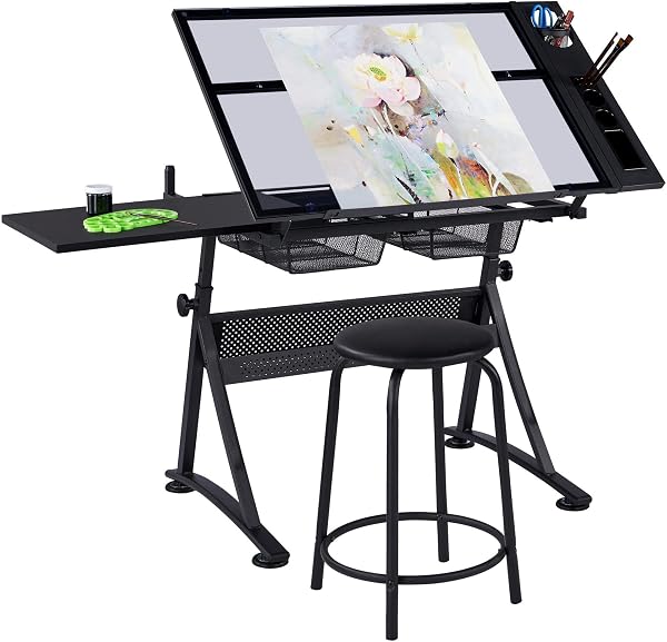 Yaheetech Drawing Table with Tempered Glass Top and Stool