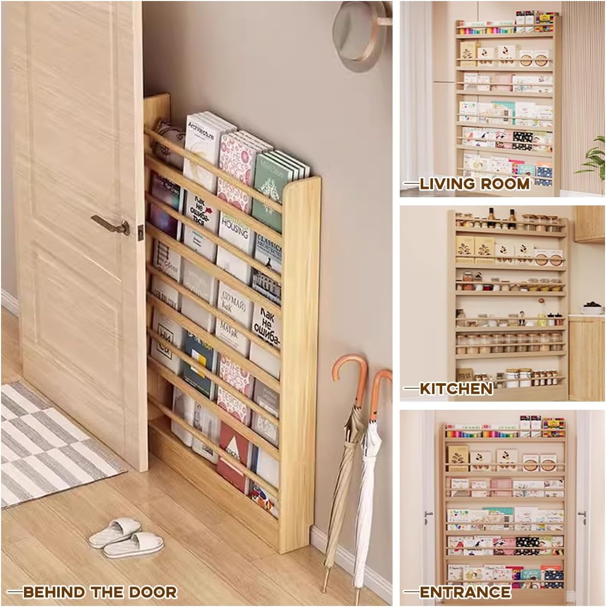 Book Shelf, Behind The Door Bookshelf, Wooden Kids Book Shelf 3/4/5/6 Tier, for Toys and Books, Space-Saving Wall Mount Narrow