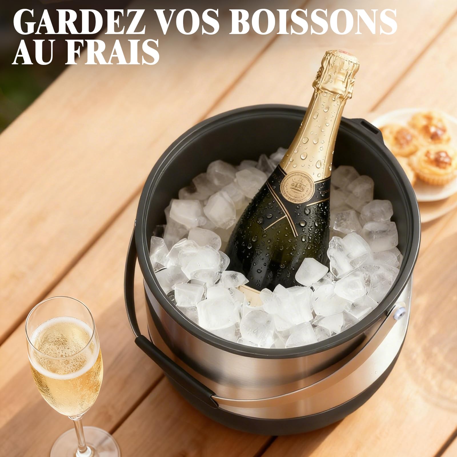 Seau a glacon en acier inoxydable de 6,8 litres avec couvercle et pelle, seau a glacon isotherme double paroi pour les bars à cocktails et les fêtes, sans BPA