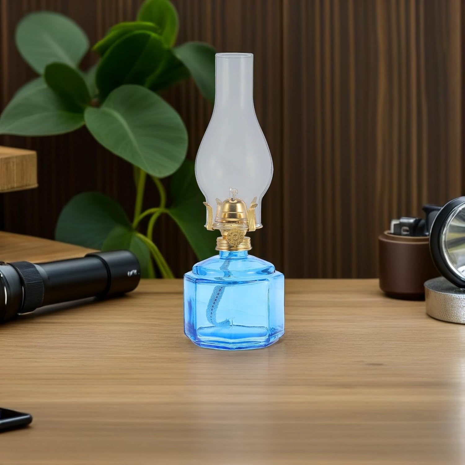 Vintage Blue Glass Kerosene Oil Lamp with Wick, Faceted Hurricane Lantern for Indoor and Outdoor Decorative Lighting, Retro Chamber Oil Lamp for Home and Emergency Use