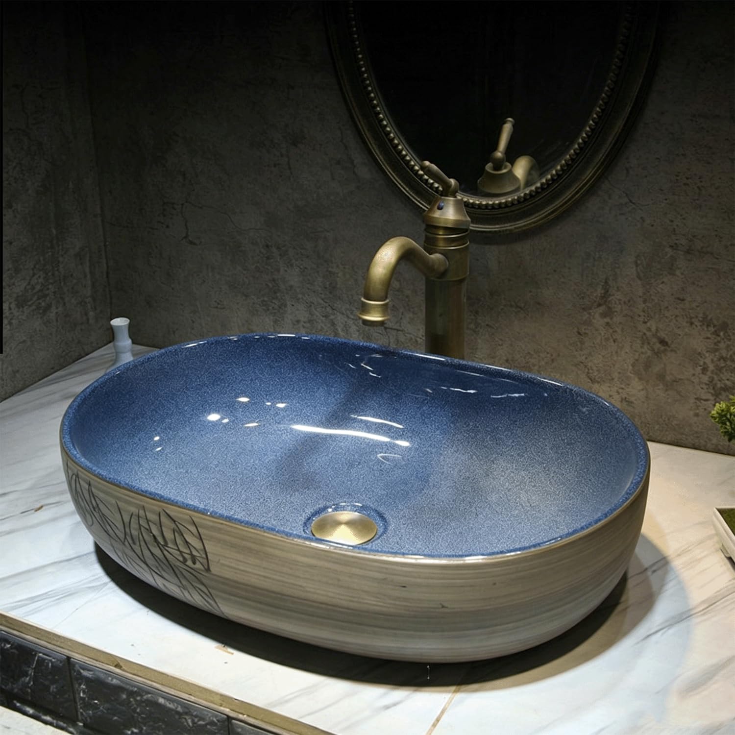 QjxSXLFSX Bowl Sinks for Bathrooms,Bathroom Vessel Sink Bowl Countertop,Handmade, high-temperature fired, clean and easy to clean, for Bathroom, Hotel, Toilet, RV,D,60×40×15cm