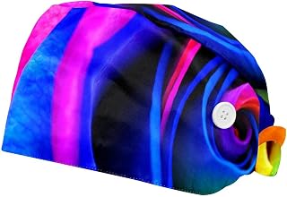 2 Pieces Working Hat with Buttons Adjustable Sweatband Bouffant Hats Unisex Tie Back Hats Colorful Rainbow Rose