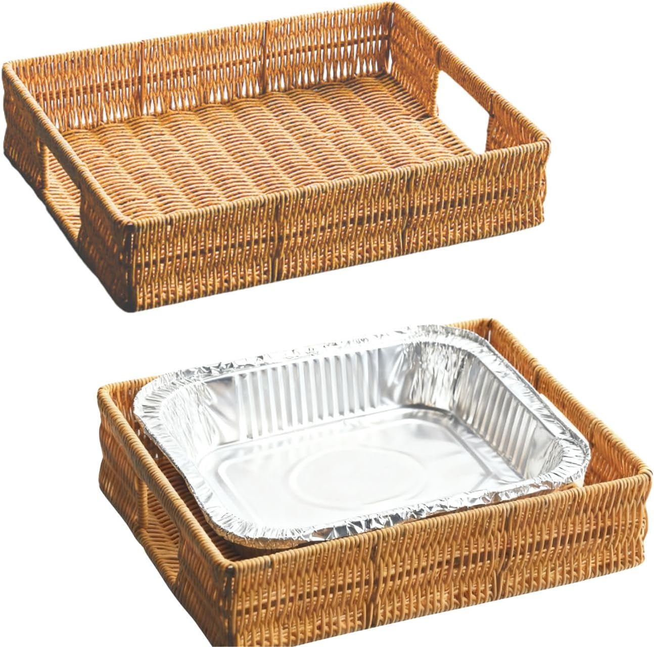 Aluminum Foil Pan Holder for 9x13 Disposable Baking Pan,Wicker Serving Baskets Hot Dish Carrier,Large Serving Tray for Food Dessert Cake Containers Hand Wash Care