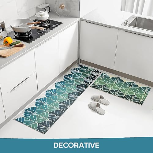 Miniatura 8 de Tapete de cocina de hojas abstractas verdes, bonito tapete antideslizante de PVC, antideslizante, antifatiga, cómodo, triángulos, rombos,