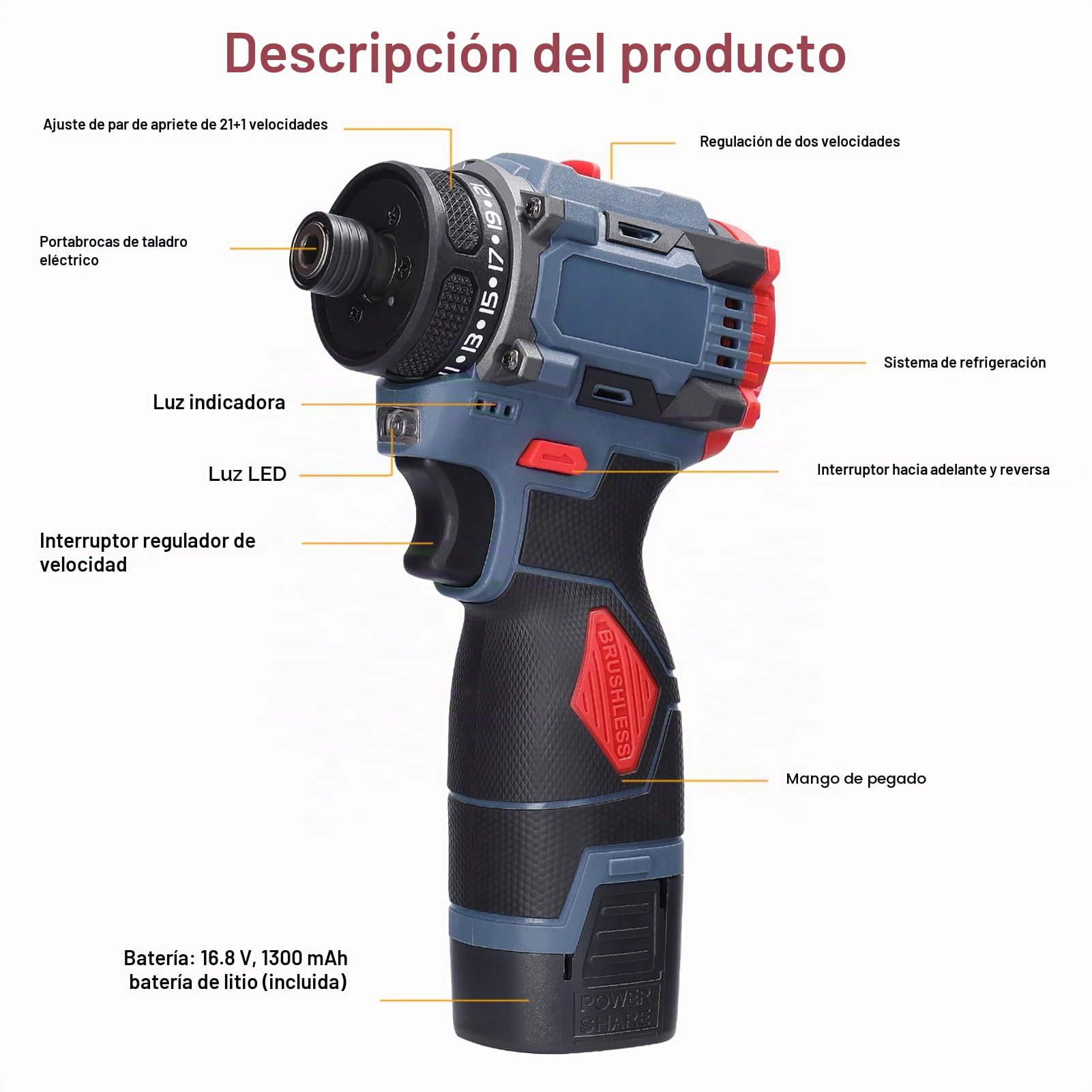 Weytoll Taladro Atornillador Inalámbrico de 16,8 V, Destornillador Inalámbrico con 2 Baterías 1300 mAh, Máximo 45 Nm, Ajuste de par 23+1, 2 Velocidades, Luz LED para Reparación