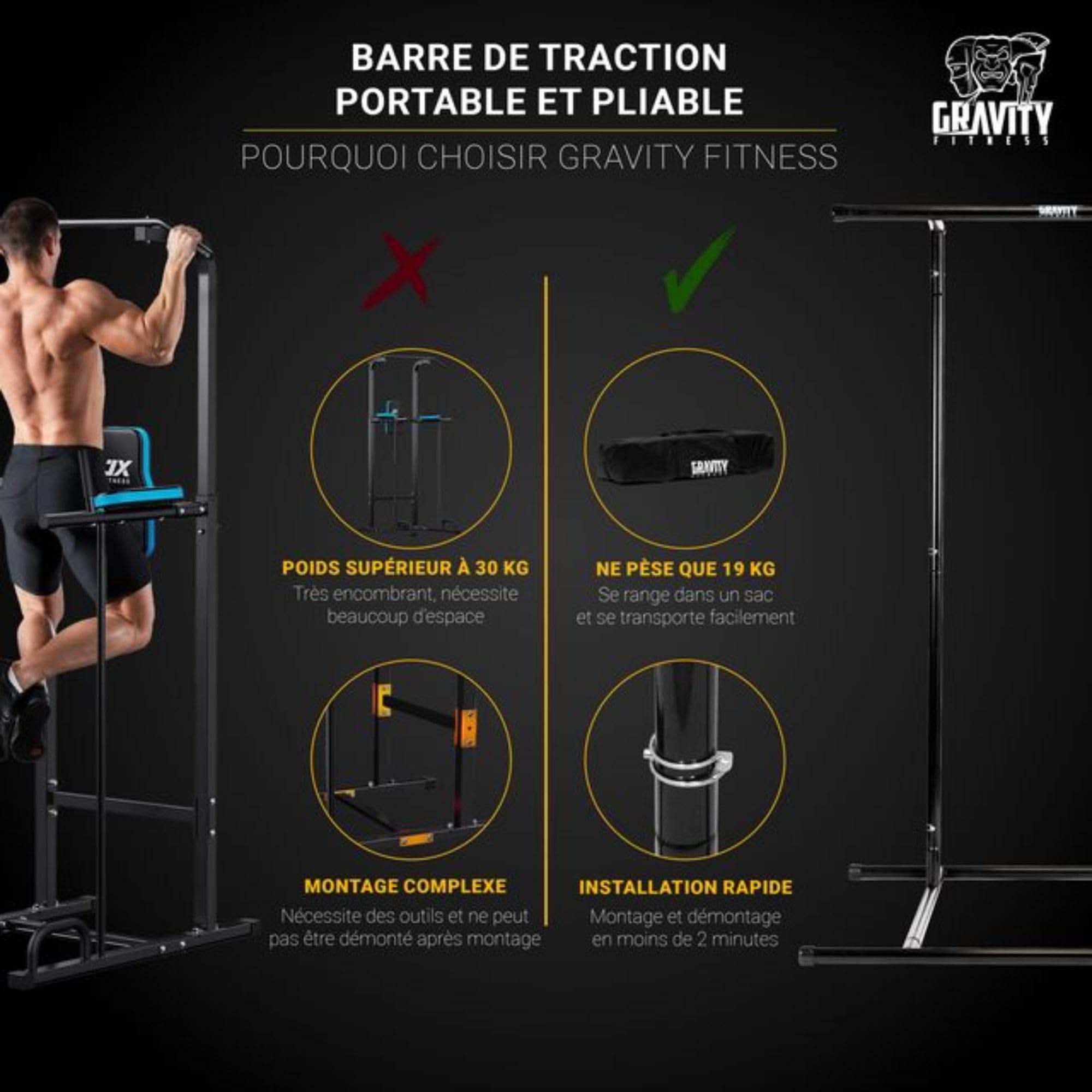 Gravity Fitness Barre de Traction Portable - Station de Dips Ajustable - Barre Freestanding pour Entraînement Calisthénie, Musculation Maison, Poids du Corps, Gymnastique & Fitness