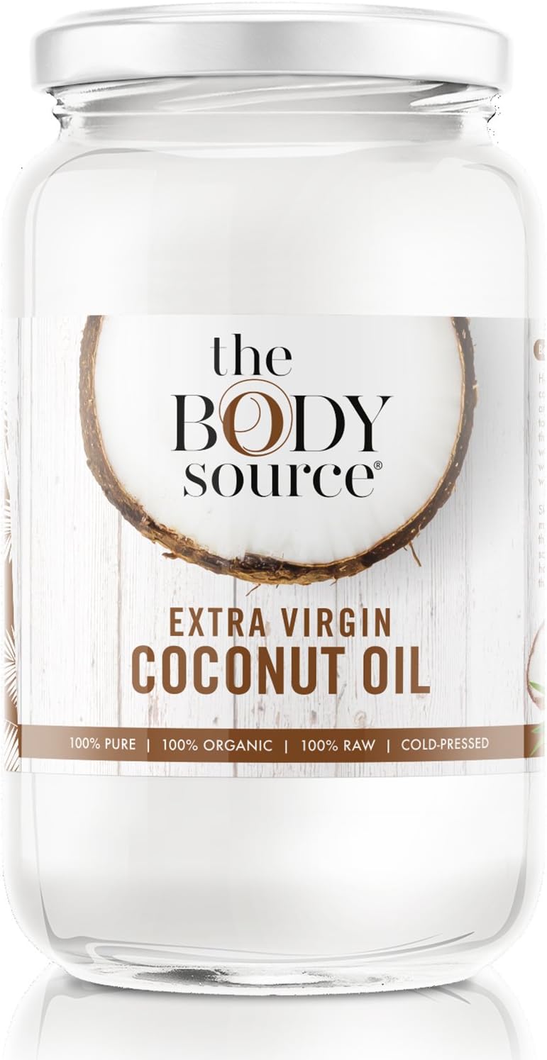 The Body Source 1 Litre Extra Virgin Coconut Oil (Cold Pressed) - Raw and Certified Organic for Cooking, Baking, Skin Moisturiser & Hair Conditioner