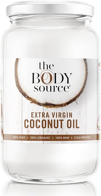The Body Source 1 Litre Extra Virgin Coconut Oil (Cold Pressed) - Raw and Certified Organic for Cooking, Baking, Skin Moisturiser & Hair Conditioner