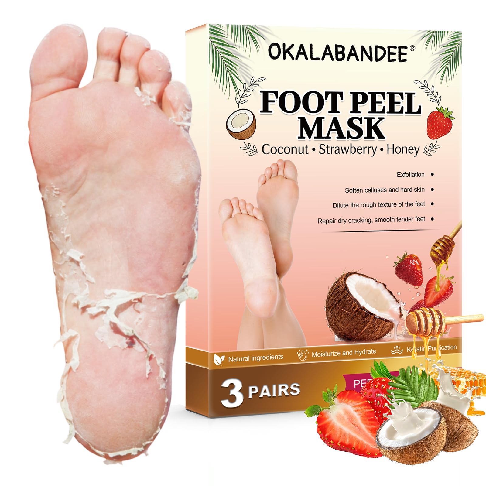 3 Paires Masque Pied Exfoliant, Peeling pied masque, Exfoliant Anti Callosités, Masque Hydratant pour les pieds, Pieds Secs et Fendillés(coco/Fraise/Miel)