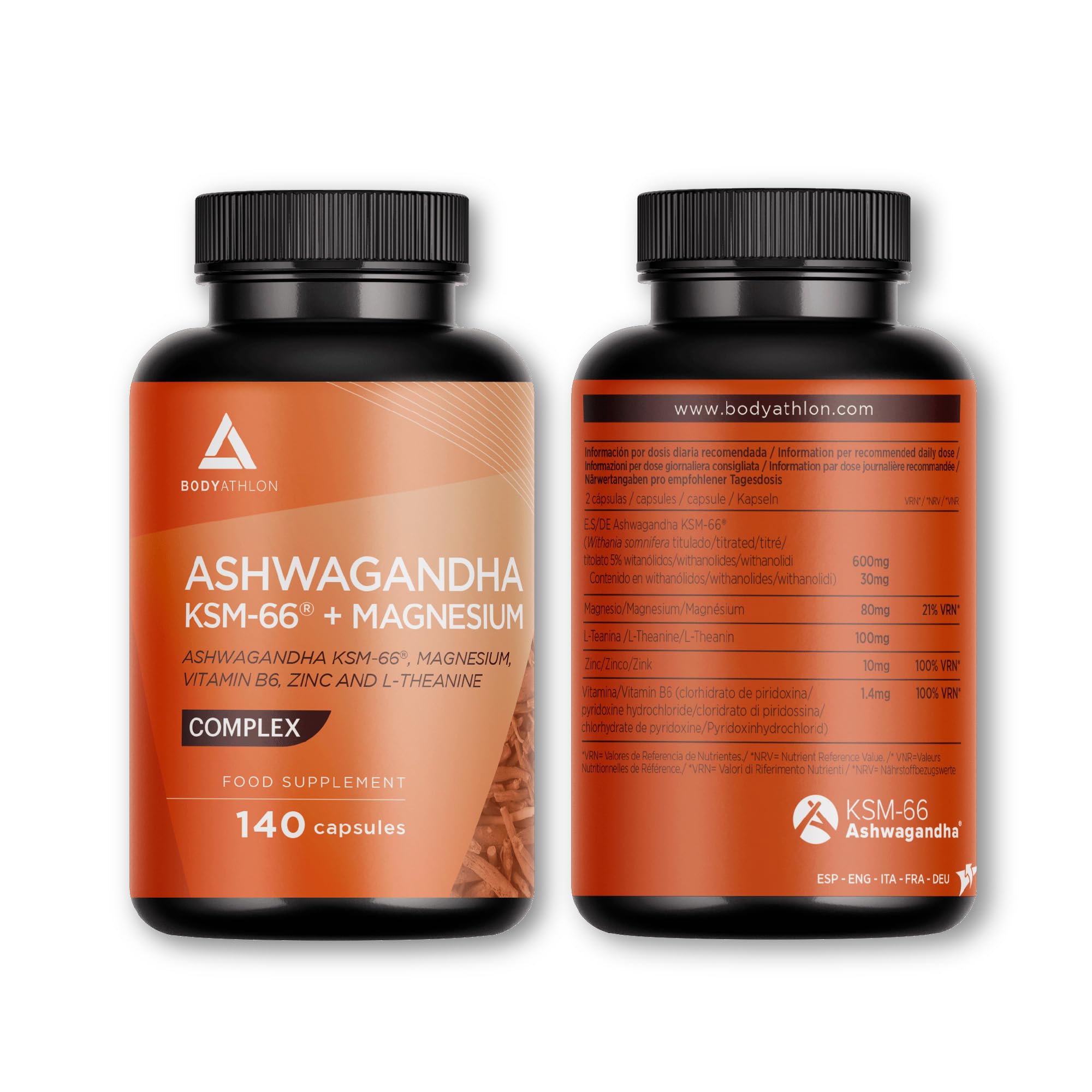 Ashwagandha KSM66 + Magnesio Bisglicinato + L-Teanina | Menos Estrés, Ansiedad| Más Descanso, Bienestar Mental y Físico |100% Raíz+ 5% Withanolidos+ Vitamina B6+ Zinc - Vegano- Sin Gluten| Bodyathlon