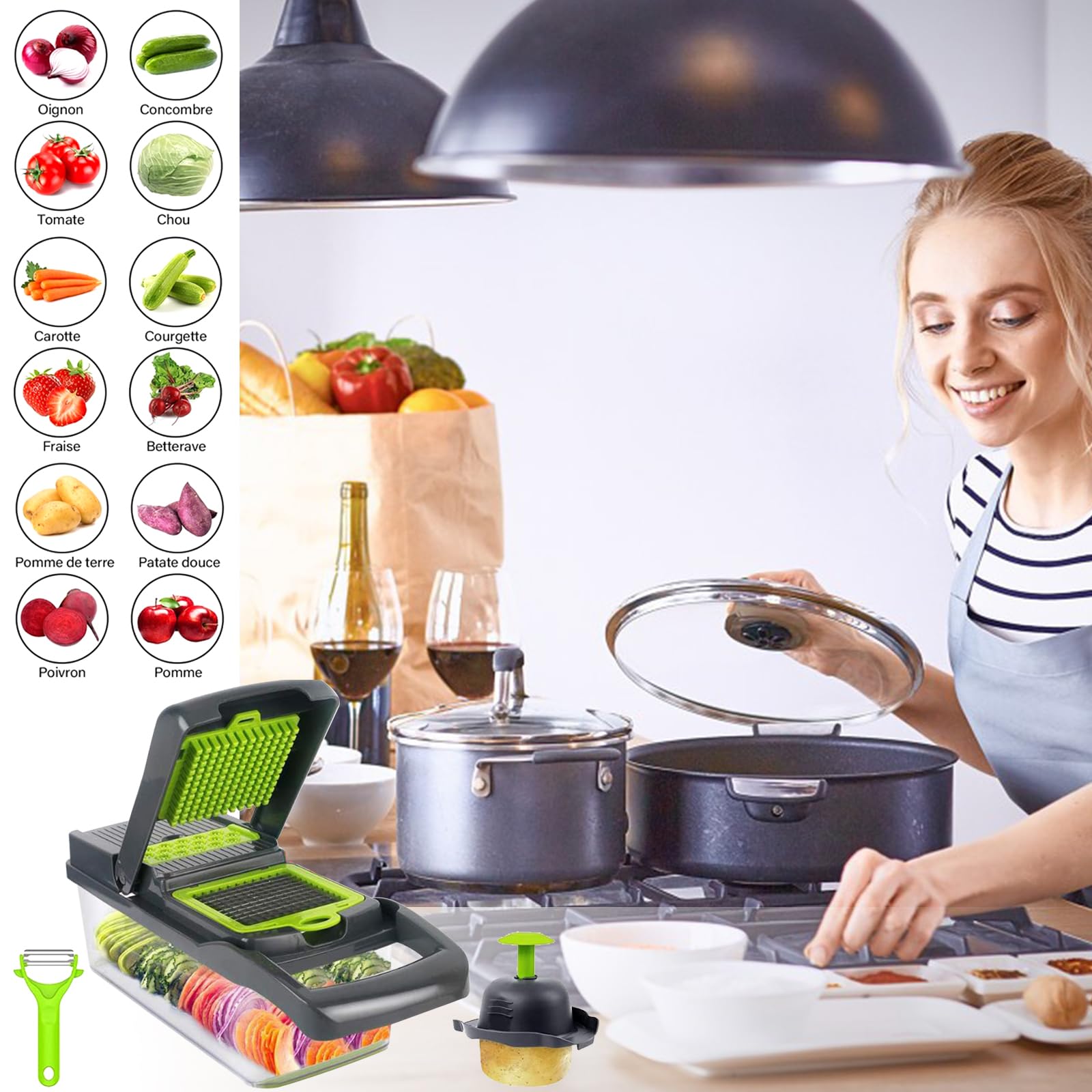 Nuo Desire Coupe-Légumes Manuel 26 En 1 – Mandoline Pro Avec 12 Lames, Récipient, Gants, Pour Trancher Râper Hacher