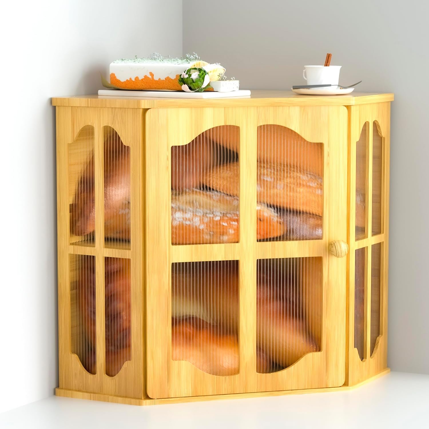 Jolitac Corner Bread Box, Wood Bread Storage Bin with Acrylic Door Panel, Large Capacity Double Layer, Kitchen Countertop Organizer Food Holder Pastries Keeper