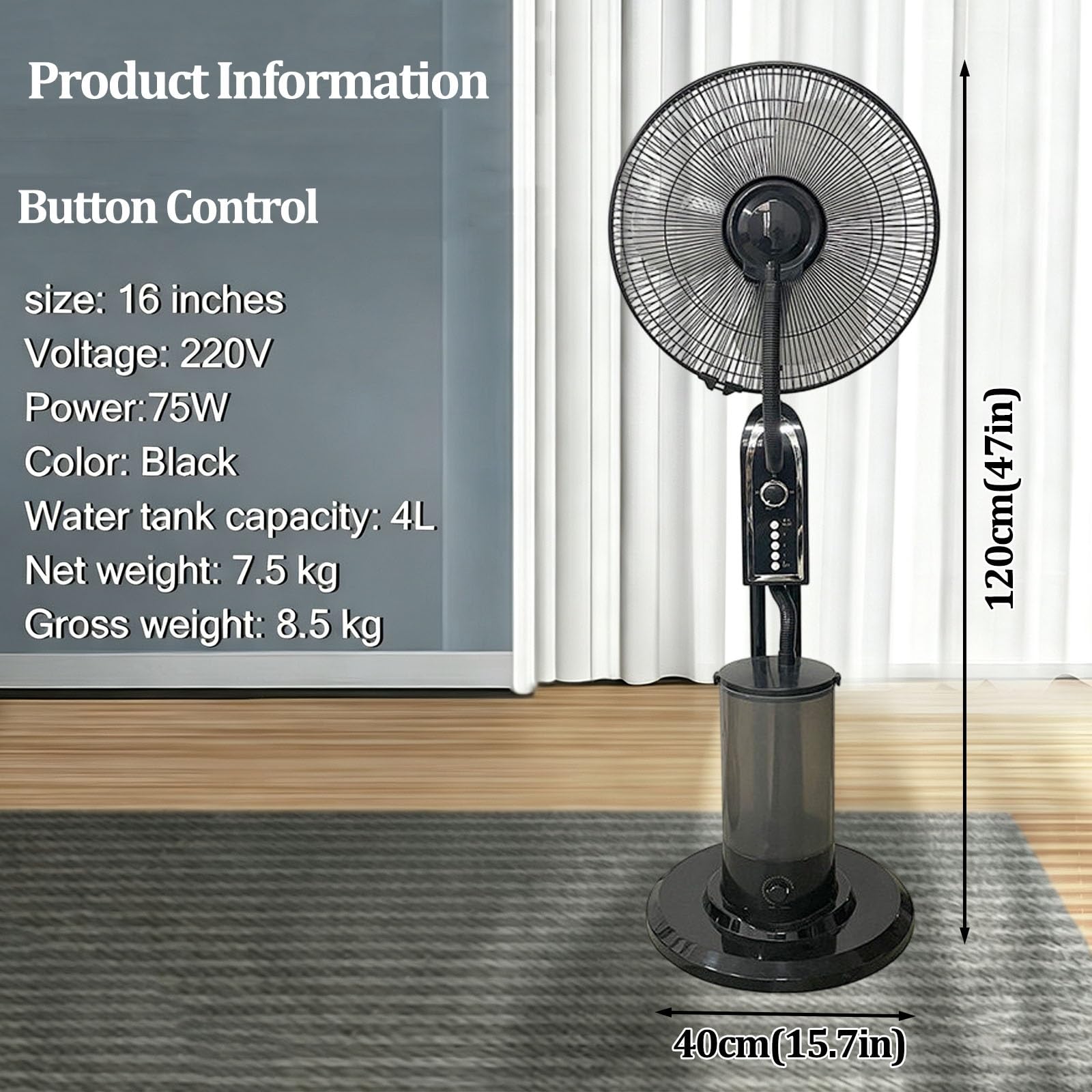 Ventilatore a piantana oscillante con nebulizzatore per esterni | Timer da 60 minuti, ventilatore da 16 pollici con serbatoio d'acqua da 4 litri per uso domestico e commerciale(A)