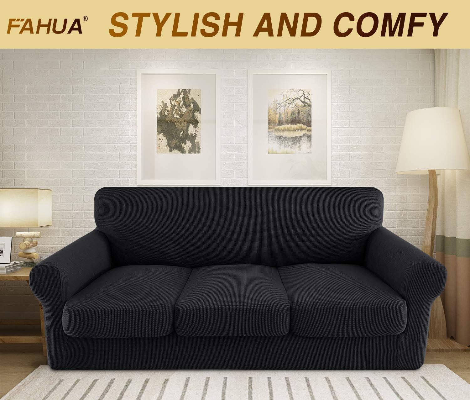 FAHUA 4 Piece High Stretch Couch Covers for 3 Cushion Couch Soft Sofa Cover with Separate Cushion Cover Form Fit Sofa Slipcover Furniture Protector Machine Washable (Large, Black)