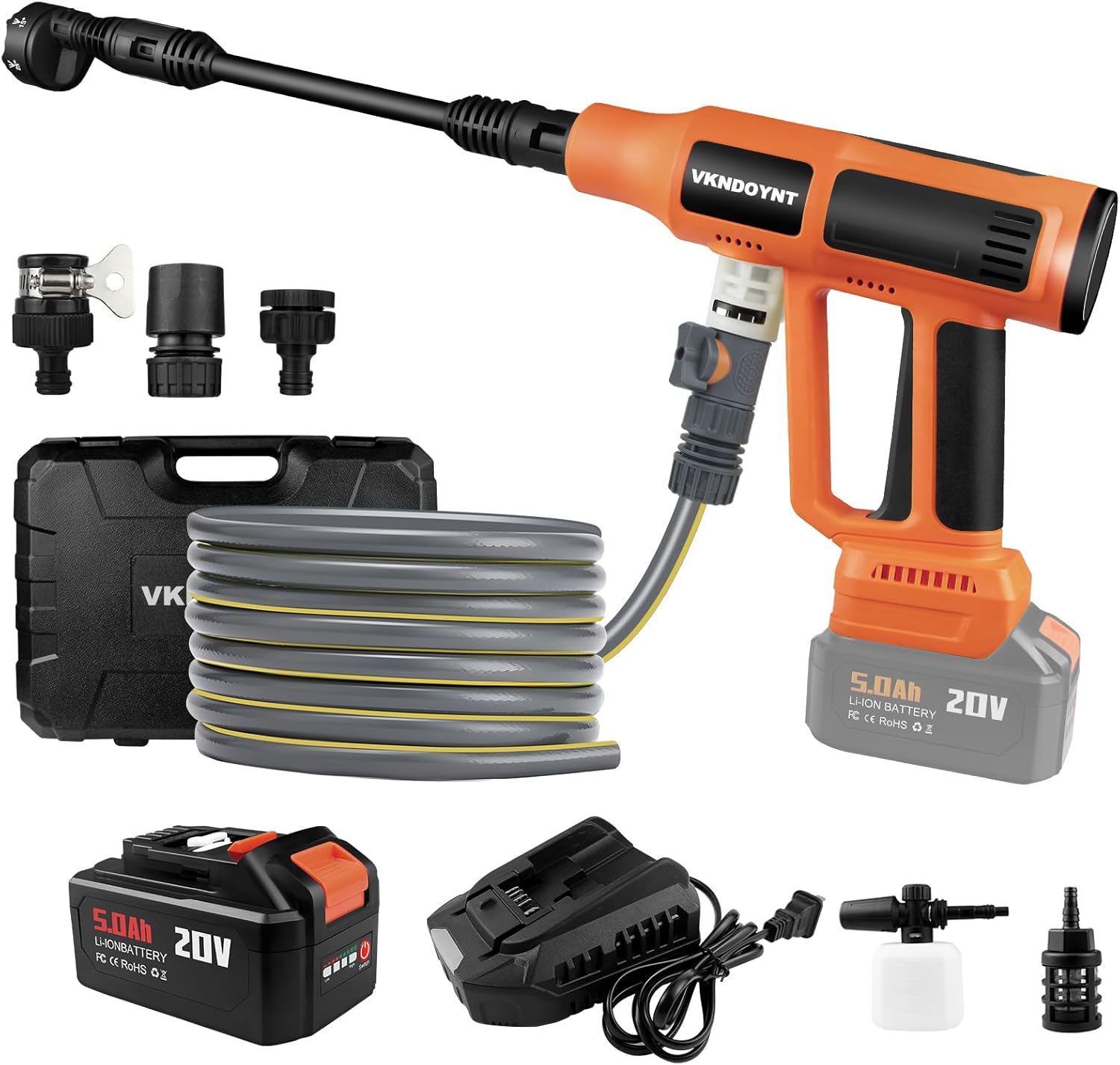 Cordless Pressure Washer, 2000PSI MAX Portable Pressure Washer with Brushless Motor, 5.0Ah Battery, 2A Fast Charger, 4 Speed Adjustment LCD Touch Screen, with Garden Hose & Faucet Connectors