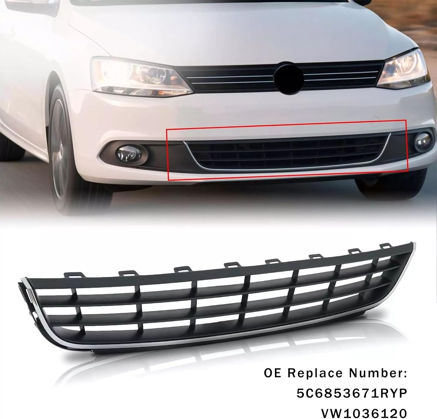 Front Lower Bumper Grille Compatible With 2011-2014 VW Volkswagen Jetta Black With Chrome Trim Grill 5C6853671RYP VW1036120