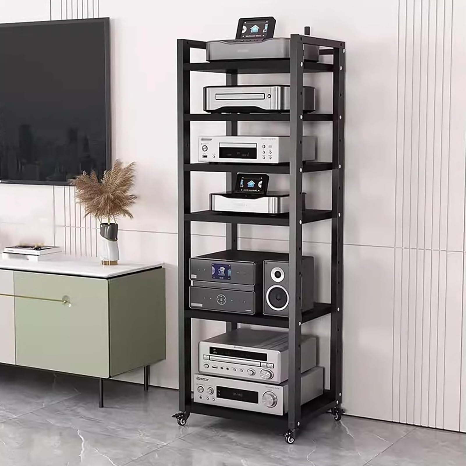 5/6/7/8-Tier Audio Stand Wooden Corner Shelf Movable AV Media Player Stand Stereo Component Cabinet Multi-Function Open Storage Shelf, for Living, Gaming and Recording Rooms,Black ( Size : 6 tier )