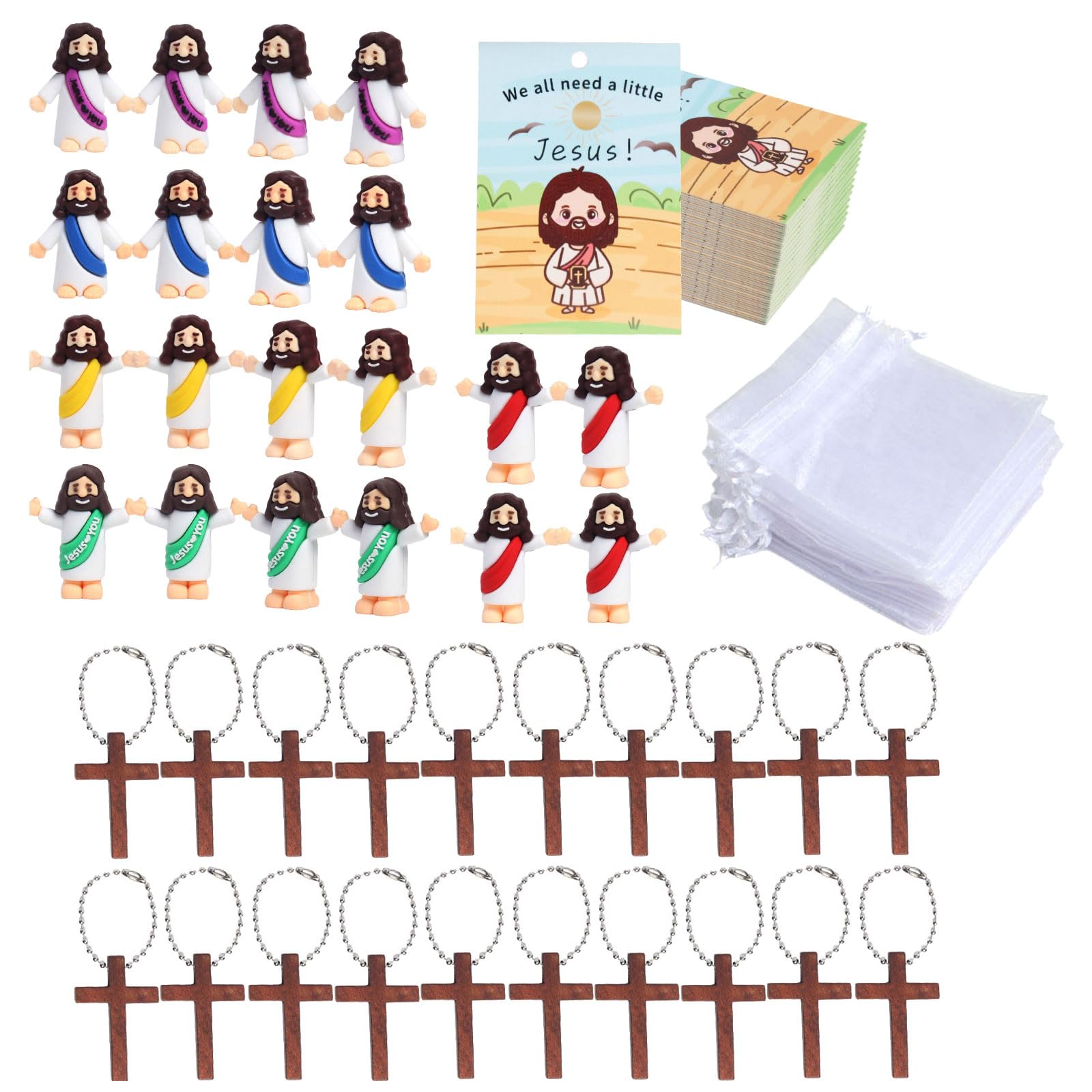 HDOYTXXM 20Pcs Small Faith Figurines and Encouragement Cards Crosses Bags Biblical Learning Tool for Children Religious Ornaments Small Holy Figurines with Prayer Cards