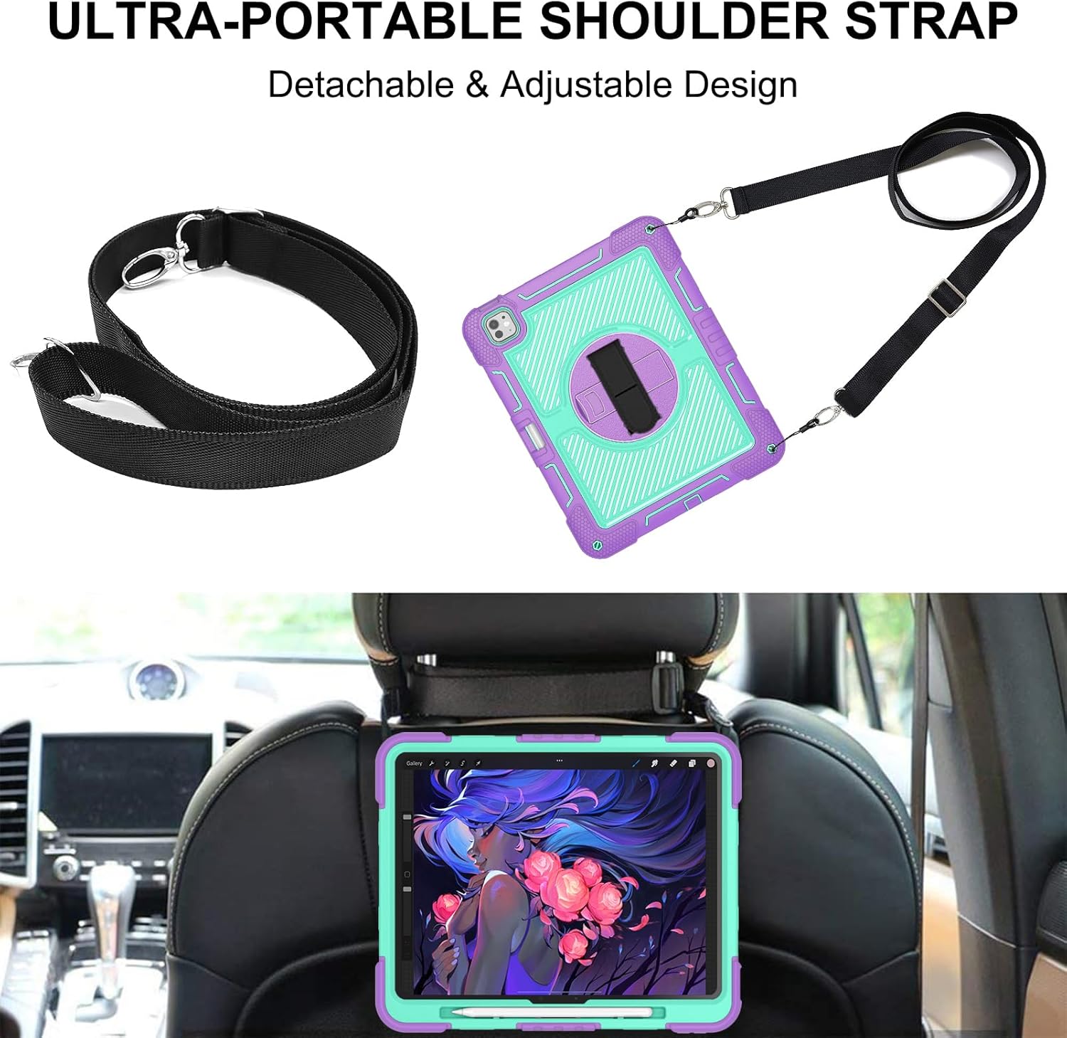 Case for iPad Pro 13 Inch 2024 M4 (7th Generation),Heavy Duty Shockproof Protective Tablet Cover with Pencil Holder | Pencil Charging | 360°Rotating Stand | Hand/Shoulder Strap for Kids,Blue