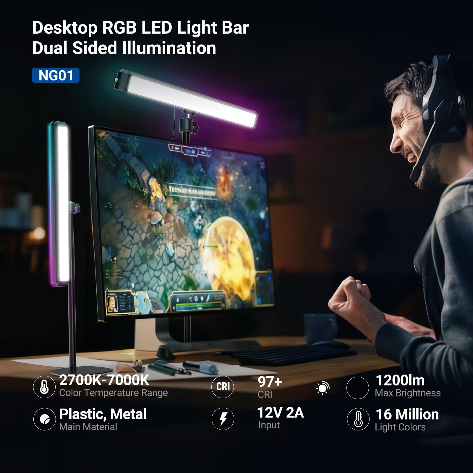 NEEWER Luce a LED RGB a doppia faccia, lampada da scrivania intelligente compatibile con Alexa Google Assistant per videoconferenze di gioco, 16 milioni di colori, 2700K-7000K/CRI97+ Illuminazione