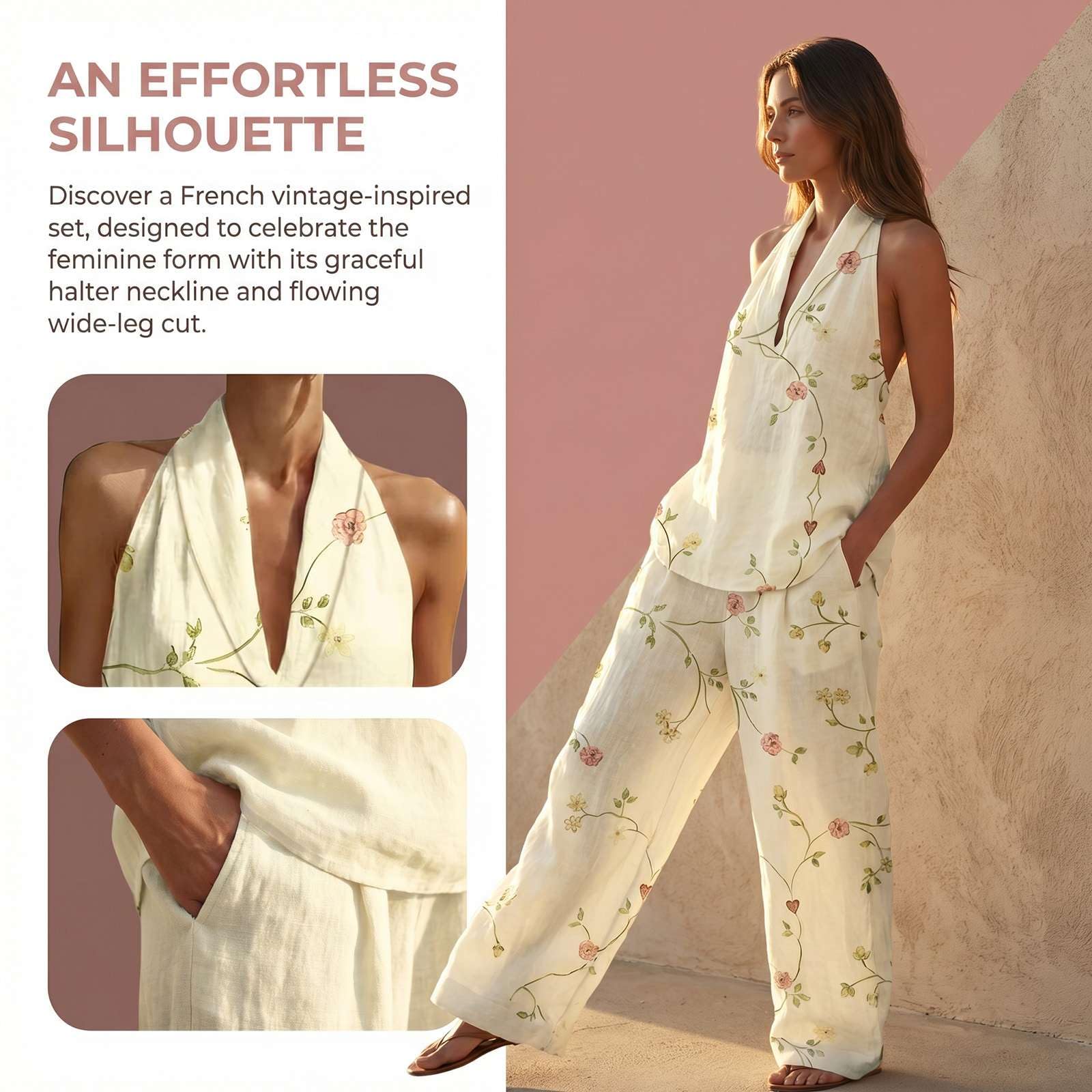 Ensemble Femmes Lin 2 Pièces Chic et Elégant - Haut Col V sans Manches et Pantalon Ample Fluide avec Poches Ensemble Imprimé Décontractée Été Bohème pour Vacances Plage