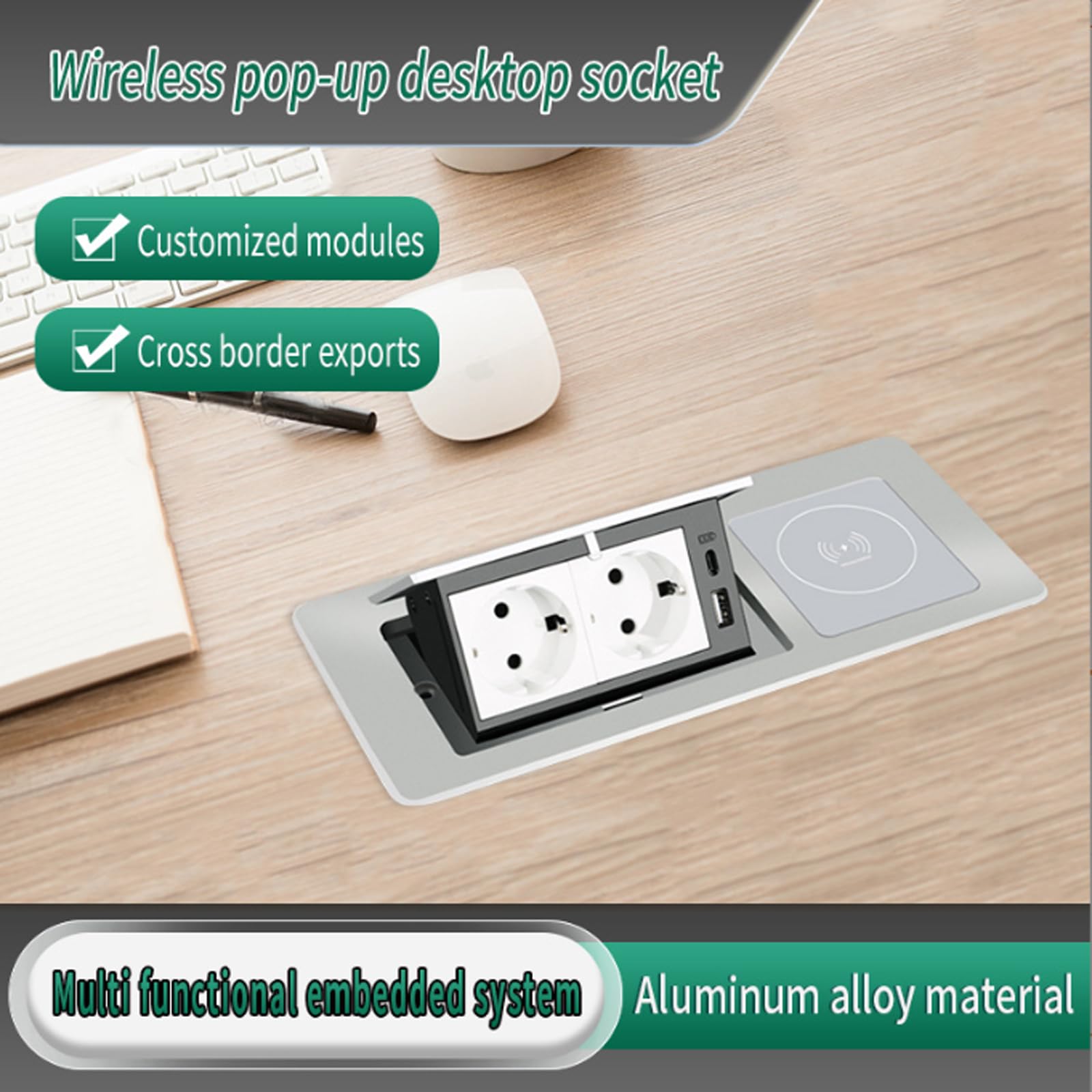 Wpuszczana Listwa Zasilająca, Ukryte Multimedialne Gniazdo Zasilania, Wysuwany Koncentrator Zasilający, 2 Gniazdka Sieciowe + Port USB A/C + Podkładka Do ładowania Bezprzewodowego,Silver