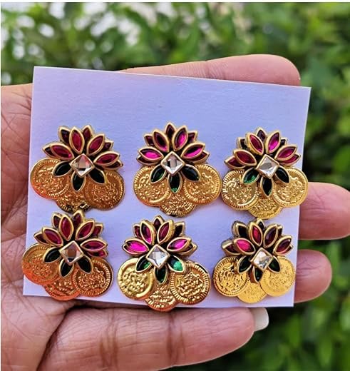Lotus Hair Jadai Pins, pink with green Stones and Coin Design, Traditional Indian Hair Accessories, 6 Pieces