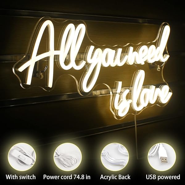 All You Need is Love Neon Sign, Warm white Neon Signs for Wedding, LED Light Up Sign for Bedroom, Livingroom, Engagement, Wedding Decor - 3
