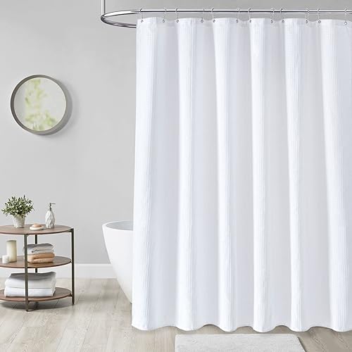 Miniatura 6 de Dynamene Cortina de ducha larga de tela blanca  Cortinas de ducha de tela alta y resistente con textura de gofre, juego de cortina de baño de lujo