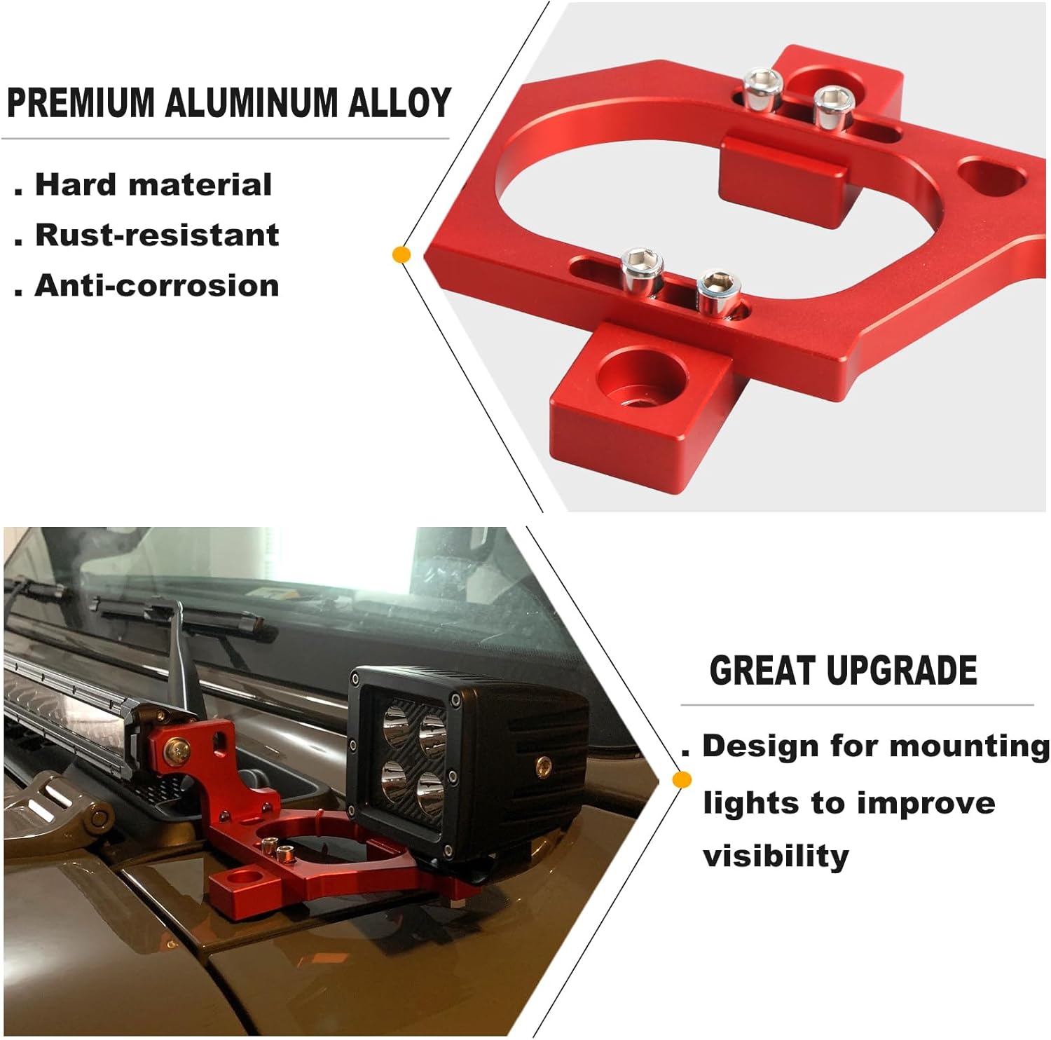 Red JL Hood Mount Pillar Cowl Mount 42inch Bar Light Mounting Brackets Compatible with Wrangler JL JLU 2018 2019 2020 2021 2022 2023 2024