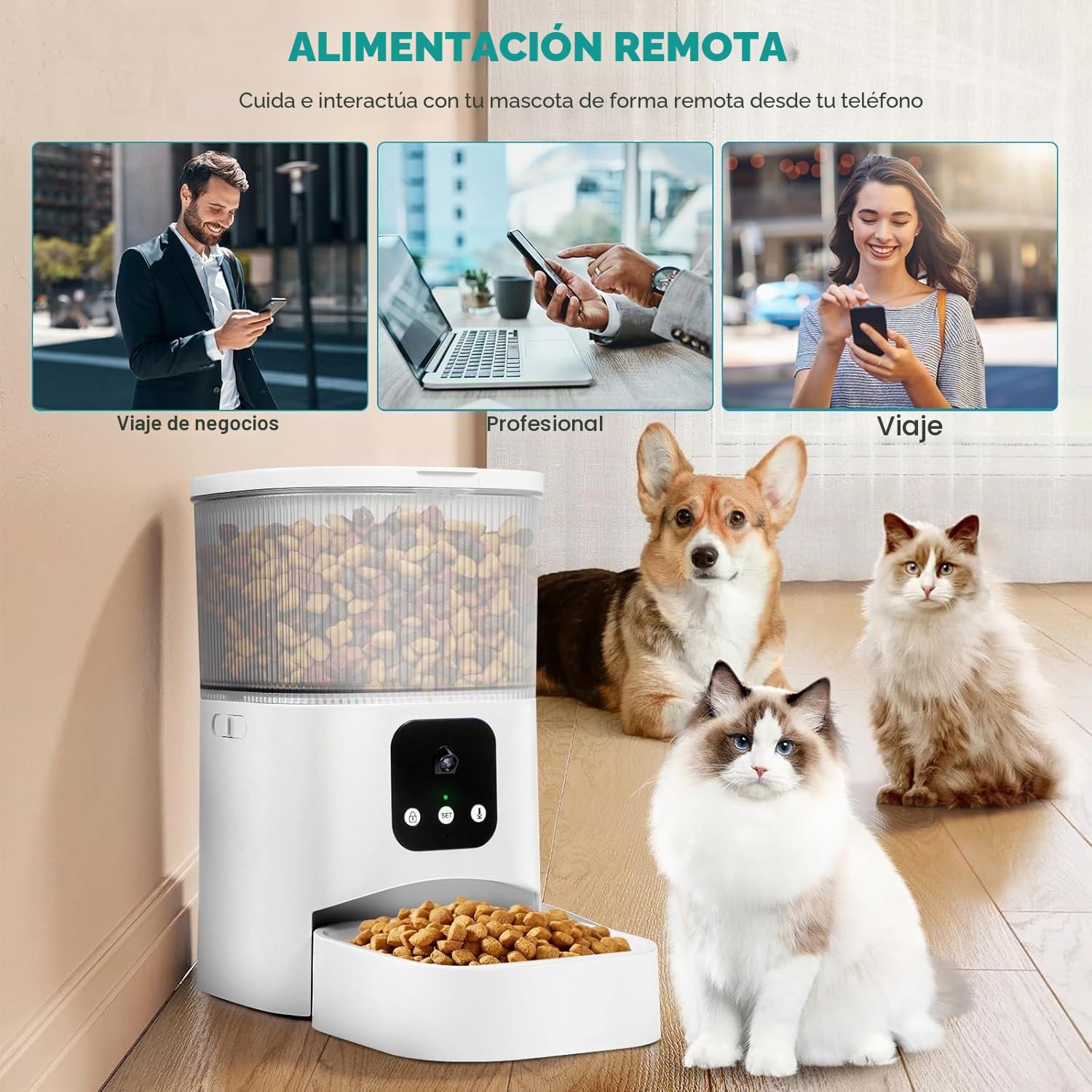 Comedero Gato Automatico con Cámara, 3L Dispensador Comida 2,4G WiFi+Bluetooth Comedero Automatico Gato, Función Temporizador y Grabadora de Voz