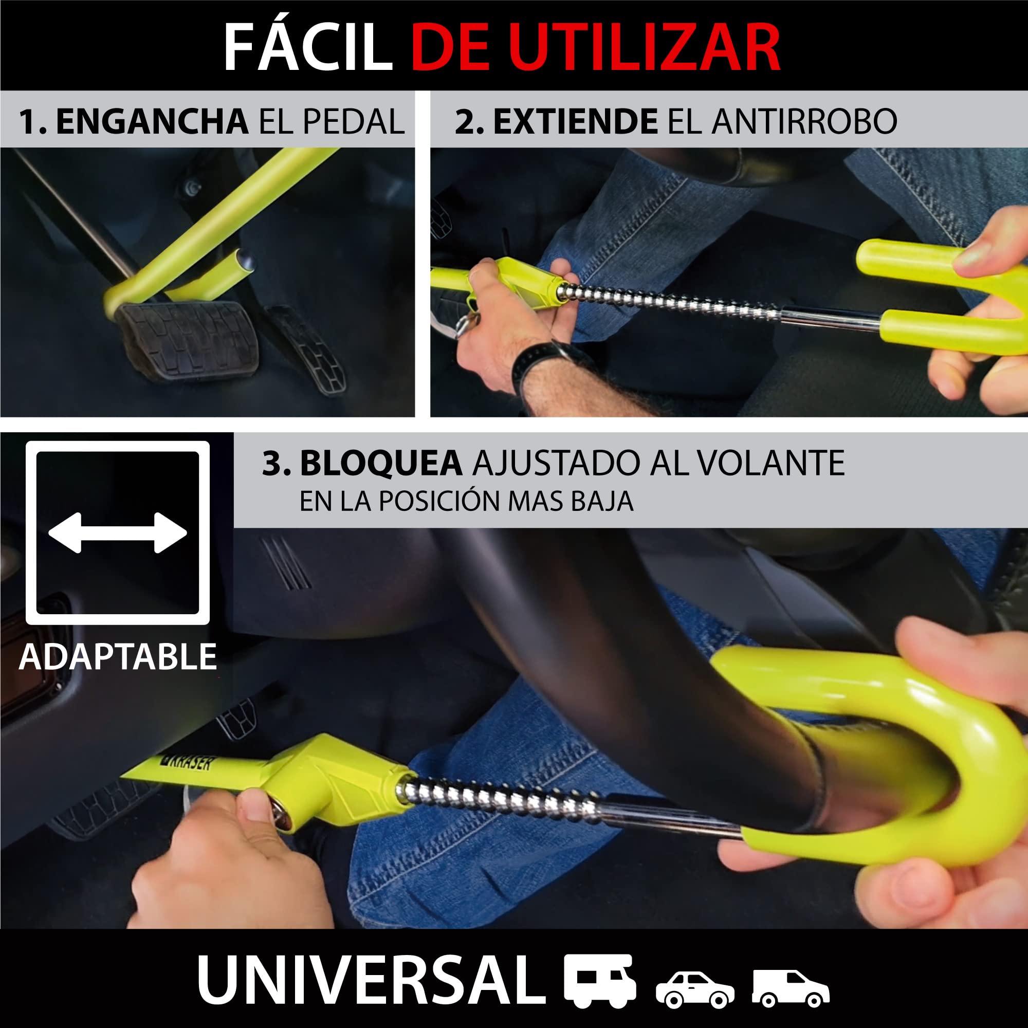 KRASER KR835 Antirrobo Coche Volante Pedal, Barra Amarilla Alta Visibilidad, Cierre Seguridad en Acero, Ajuste Gancho Más Extensible, Cepo Coche Universal Autocaravana Furgoneta